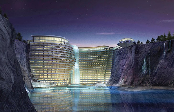 Diseño de hotel de lujo con cascada en China.
