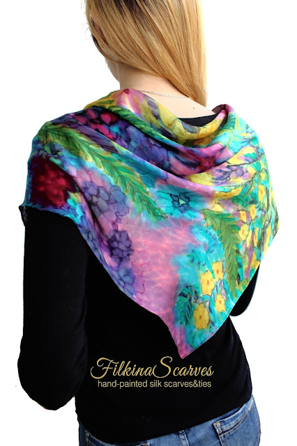 ORDER on my Etsy shop: https://www.etsy.com/shop/FilkinaScarves ****** OOAK Summer Floral small Square scarf Silk chiffon HAND-PAINTED neckerchief Unique women mother grandmother gift for her 26 in  #mothergifts #MOB #MOG #silkscarf #filkinascarves #chiffon #silkpainting #womensfashion #chicscarves #womensgifts #Momgifts #mothersdaygifts