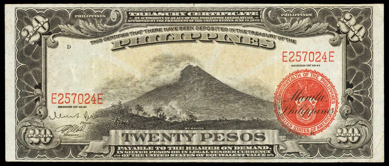 Currency of the Philippines, American issues (1898-1946) 20 Pesos Treasury Certificate 1941Mayon Volcano Philippines 20 Pesos note Treasury Certificate 1941Mayon Volcano
