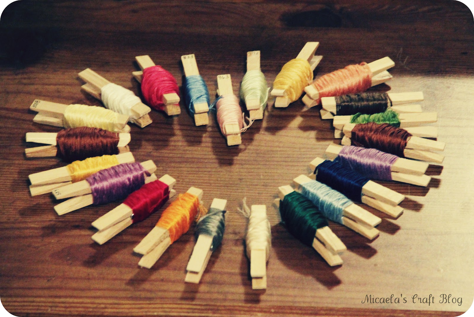 Micaela's Craft Blog Embroidery Thread + Clothespins = Organized ;)