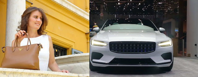 Der Vergleich- Prada Handtasche versus Polestar 1 cremefarbene Prada Handtasche, Escadakleid in Weiß, Polestar 1 in Weiß auf Genfer Auto Salon