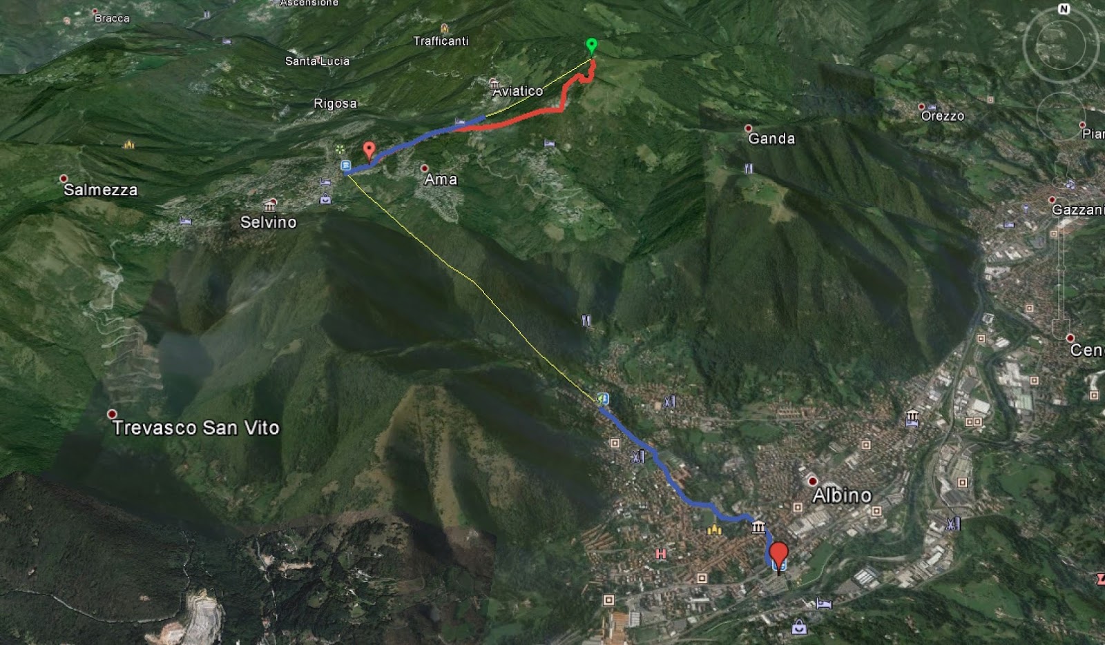 Route we took. Yellow is funivia or cabinovia. Blue is walking on roads. Red is hiking.