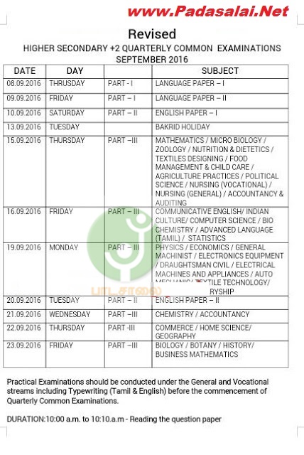 12th Time Table 2016 Pdf