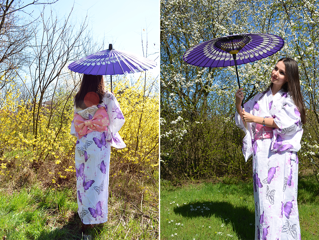 yukata cu fluturi mov si funda roz cu flori de cires primavara yukata cu fluturi mov si funda roz cu flori de cires primavara