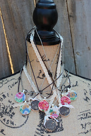 bezel necklace with vintage fabric, paper, and flowers