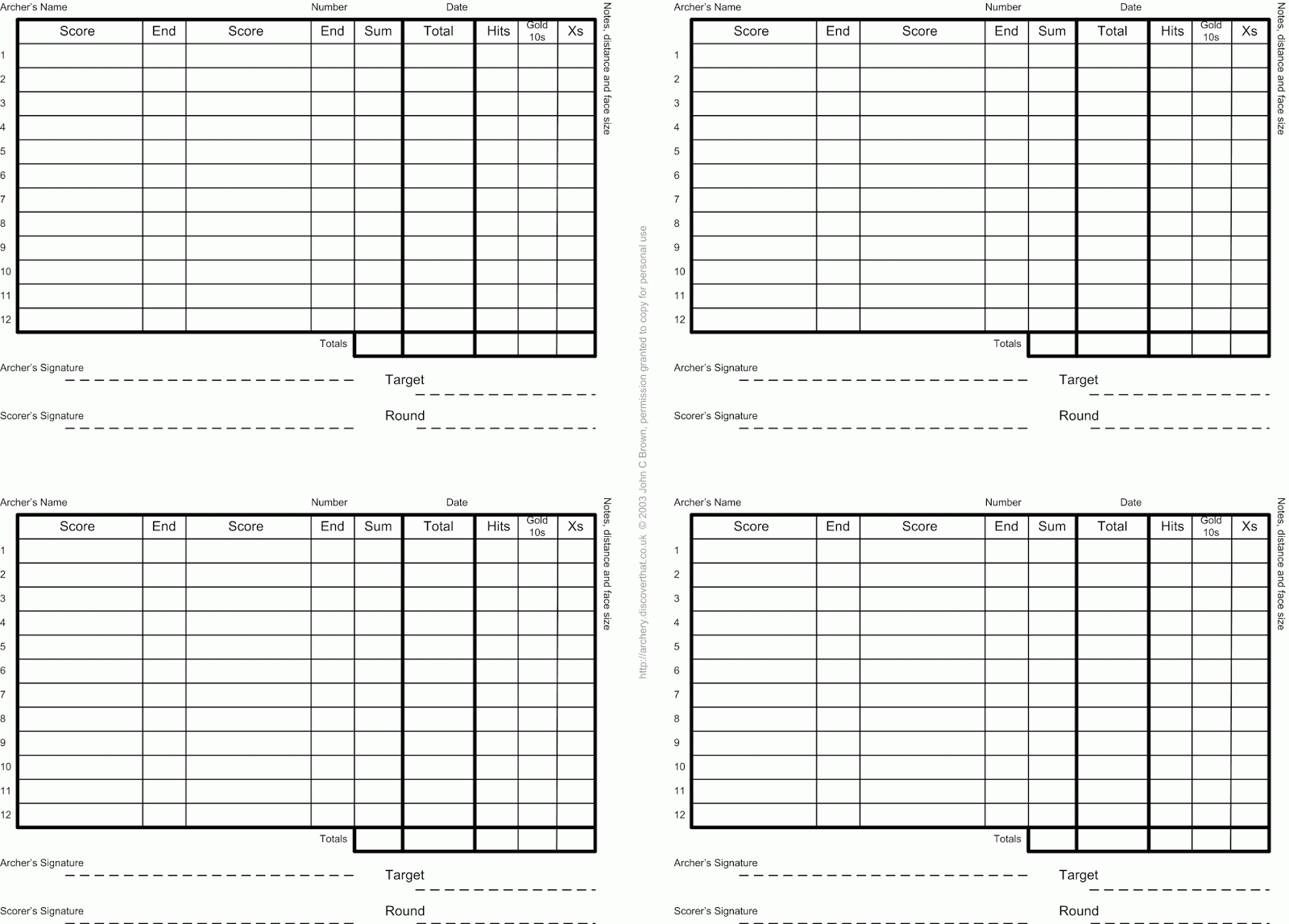 Printable Archery Score Cards