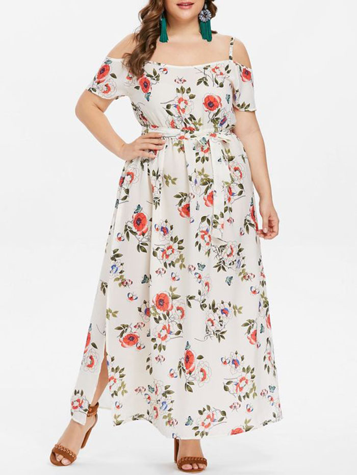 Vestido lus size longo floral em tecido leve e mangas ciganinhas com alças finas e cinto em laço na cintura, um vestido lindo de primavera