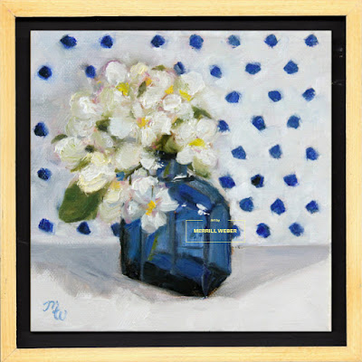 I love this little oil painting with a cobalt blue bottle and sweet white flowers against a blue and white polka dotted background!