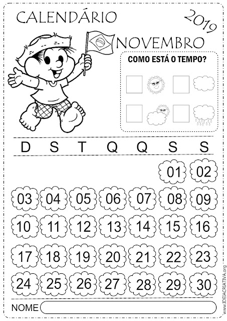 Calendários escolares mês de Novembro para imprimir Turma da Mônica