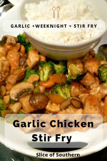 Garlic Chicken Stir Fry: Tender chicken pieces coupled with tasty mushrooms and broccoli bathed in a thick garlic sauce. All in 20 minutes! Slice of Southern