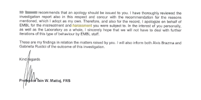 EMBL makes sure research misconduct is supported attacking on the ground of sexual harassment yet admitting harassment