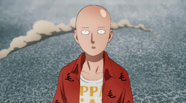 one-punch-man-hollywood-live-action anime, anime guy, shounen, bald, calm, bored, white, staring, wearing orange polo