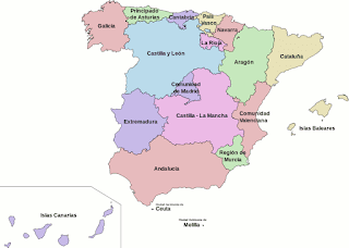 A map of Spain showing the different administrative divisions. Spain is roughly quadrilateral, taller than it is wide, with the east coast sloping out so that the northern edge is wider than the southern edge, with a protrusion to the west in the northwest corner. The northwest protrusion is Galicia. Most of the northwest portion is taken up by Castilla y León, but the northern coast above Castilla y León is taken up by (from west to east) Principio de Asturias, Cantabria, País Vasco, and Navarra, with La Rioja sandwiched between Navarra and Castilla y León. To the east from these divisions is Aragón, and Cataluña takes up the northeast corner. Bordering these two provinces to the south is Comunidad Valenciana. South of that is Región de Murcia. The largest section takes up all of the southern coast: Andalucia. On the eastern edge, between Andalucia and Castilla y León, is Extremadura. The region in the centre of all of this is Castilla - La Mancha, except for a section of this area that border Castilla y León, which is the Comunidad de Madrid. There are a few islands noted on the map as well, such as the Islas Canaria and the Islas Baleares.