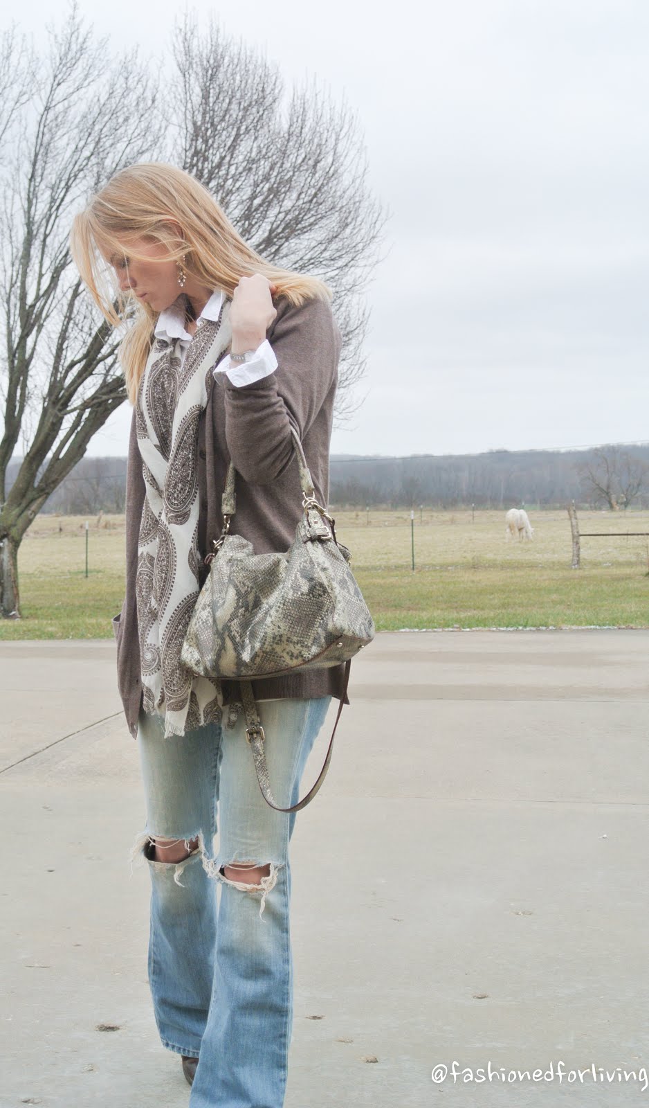 Fashioned For Living: neutral outfit: distressed flare jeans. white ...
