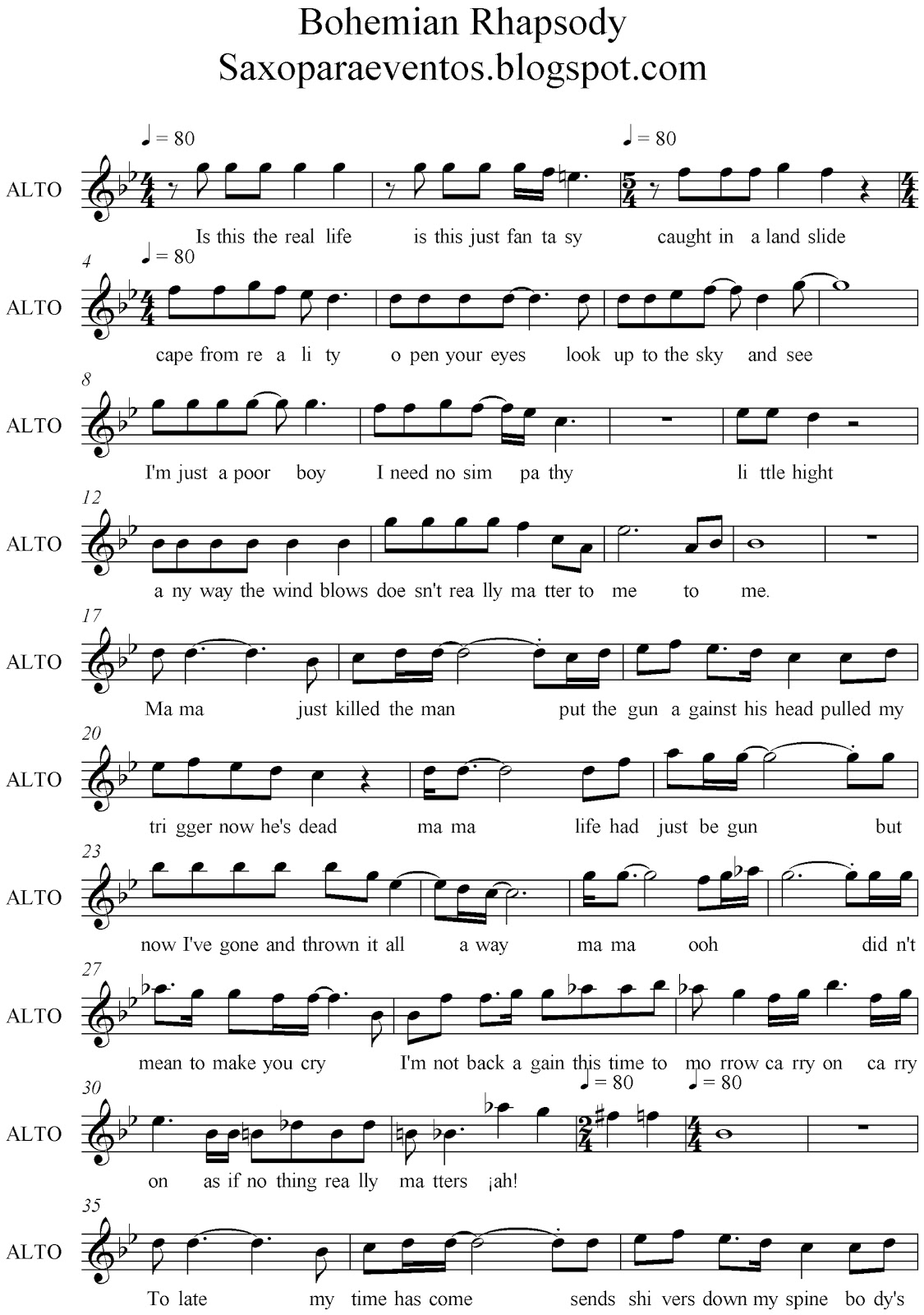 excursionismo Primitivo Distinguir Partitura de rapsodia bohemia - Bohemian Rhapsody sheet - Partituras y  pistas para saxo | Sheet music and Play Along for sax