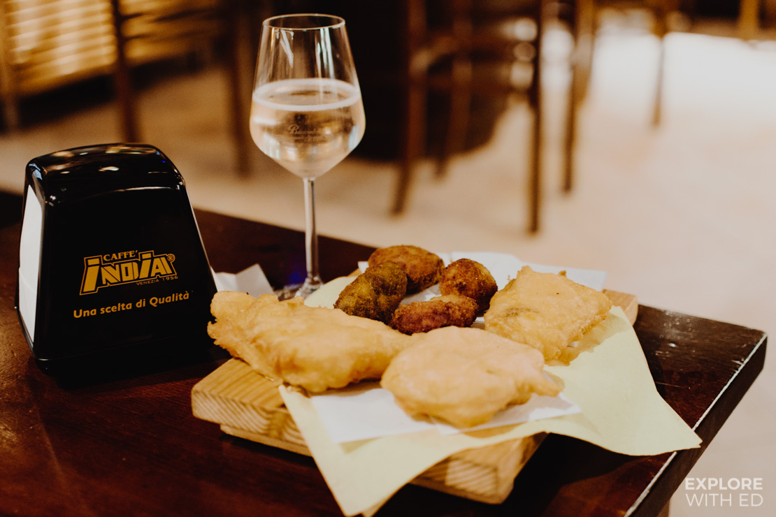 Cicchetti in Bacarando Venice on a Food Tour with The Roman Guy, Deep fried cheese and prosecco