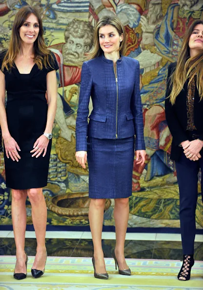 Princess Letizia of Spain attended several audiences at the Zarzuela Palace in Madrid. wore Hugo Boss Leather skirt suit