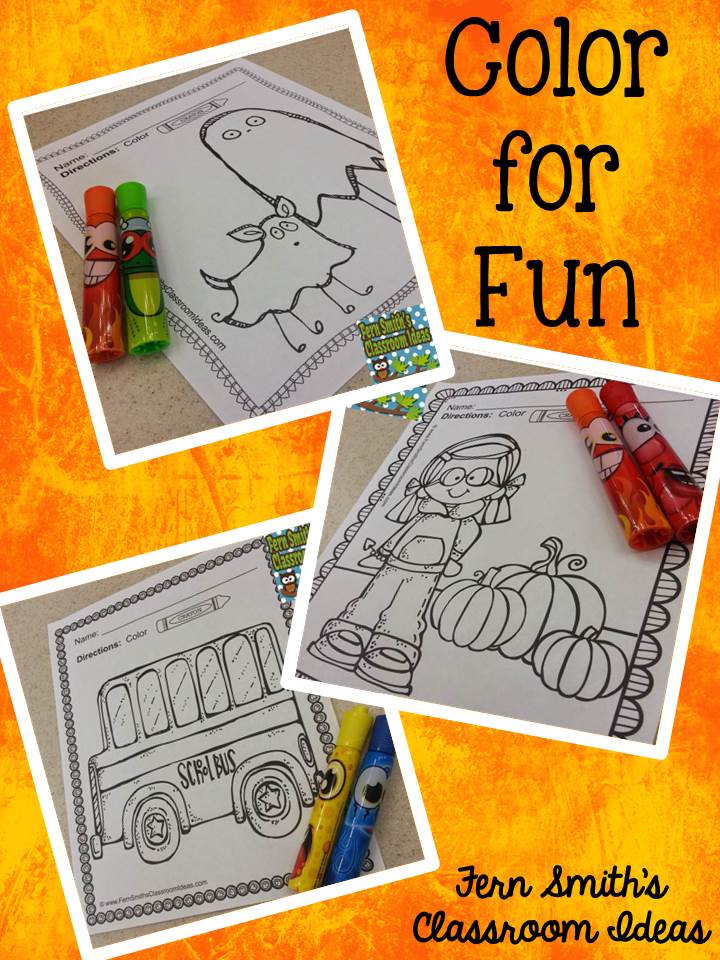 Your students will LOVE the 220+ pages that comes in this bundle,Fall Coloring Pages! Terrific for a First Day Activity on The Students' Desk When They Arrive In Your Classroom! You can just print and pass them out OR have a parent volunteer bind them into a FALL COLORING BOOK for you. Pin now for the the busy back to school season! Students can draw in an Autumn background, or write about what they did this summer on the back. Use it for all sorts of jumping off points for older students for creative writing lessons! Coloring Pages for Fall - Color For Fun Fall Four Pack of Printable Coloring Pages Bundle. #FernSmithsClassroomIdeas Your students will LOVE the 220+ pages that comes in this bundle,Fall Coloring Pages! Terrific for a First Day Activity on The Students' Desk When They Arrive In Your Classroom! You can just print and pass them out OR have a parent volunteer bind them into a FALL COLORING BOOK for you. Pin now for the the busy back to school season! Students can draw in an Autumn background, or write about what they did this summer on the back. Use it for all sorts of jumping off points for older students for creative writing lessons! Coloring Pages for Fall - Color For Fun Fall Four Pack of Printable Coloring Pages Bundle. #FernSmithsClassroomIdeas