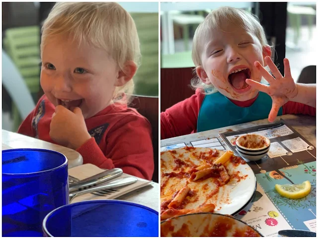 2 photos of a toddler in pizza express one before food and one after having penne bolognese