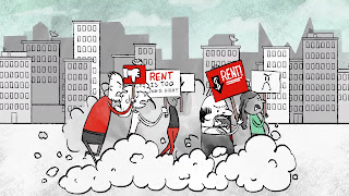 An animate image of people with signboards of Rent,quarreling with each other
