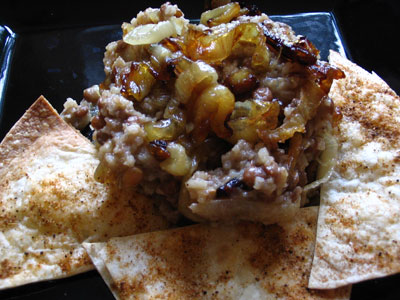 Brown Lentils and Rice with Roasted Onions and Spicy Baked Tortilla Chips