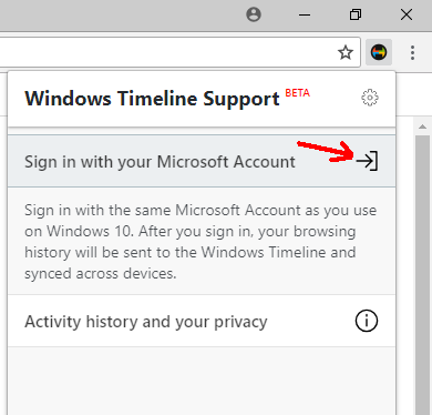 Menu estensione Windows Timeline Support per Chrome