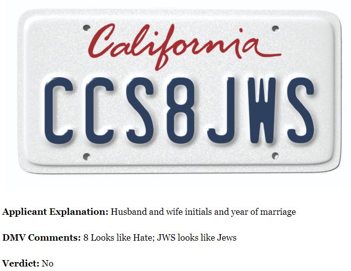 Just A Car Guy California DMV denied these plates, out of absurd over