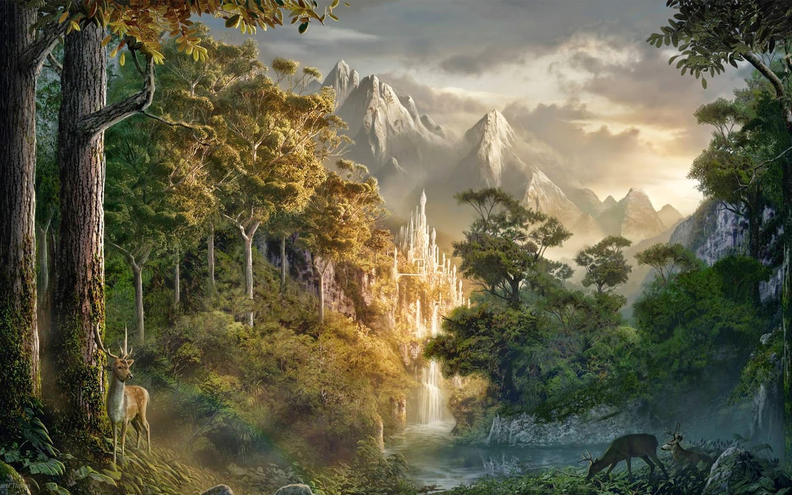 Bosco fantasy con cascata e lago pieno di riflessi ed animali