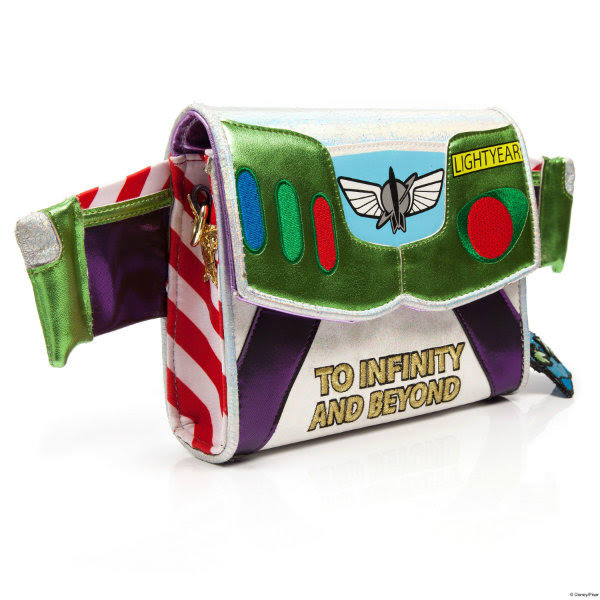 Irregular Choice Disney Toy Story Falling With Style bag side side angle of metallic Buzz Lightyear bag with red striped sides and wing detail
