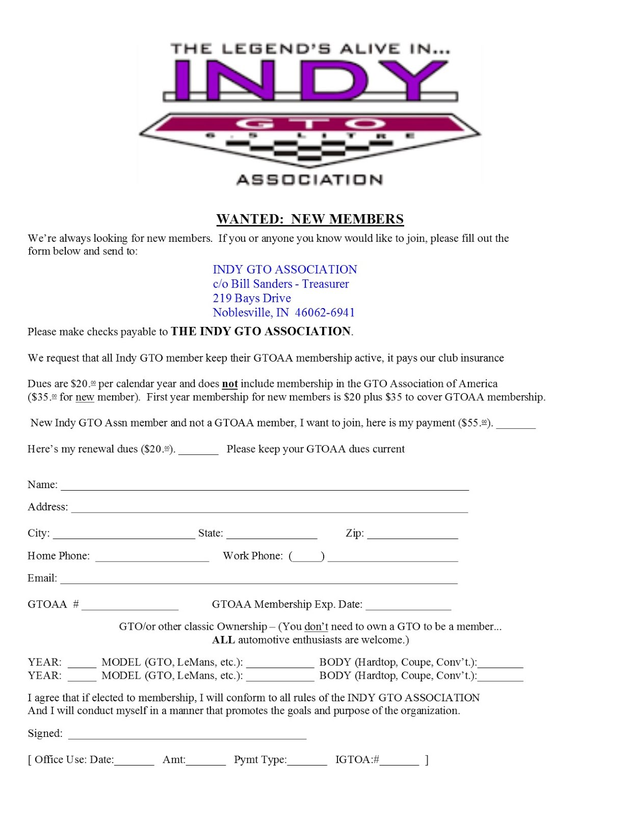 INDY GTO ASSOCIATION MEMBERSHIP FORM   --   Right Click to Open and Print