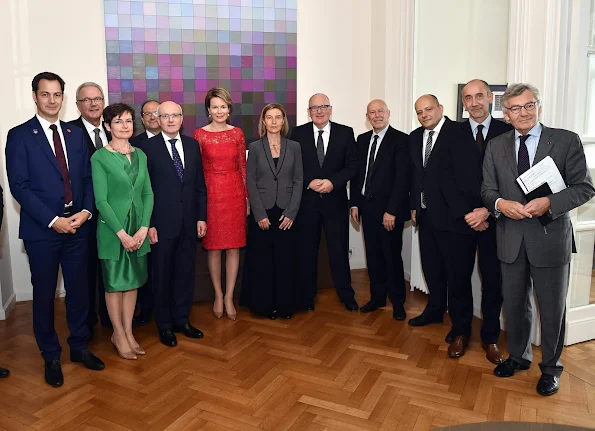 Queen Mathilde attended a working lunch with representatives of leading European Institutions. Queen Mathilde wore Natan Lace dress, gold earrings