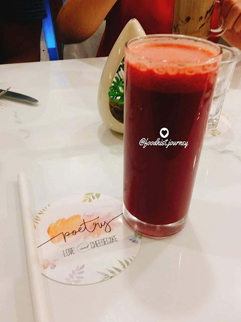 Essentially Red Juice at Poetry by love and cheesecake bandra west, beetroot, carrot, apple and watermelon juice, vegan, gluten free cafe in bandra