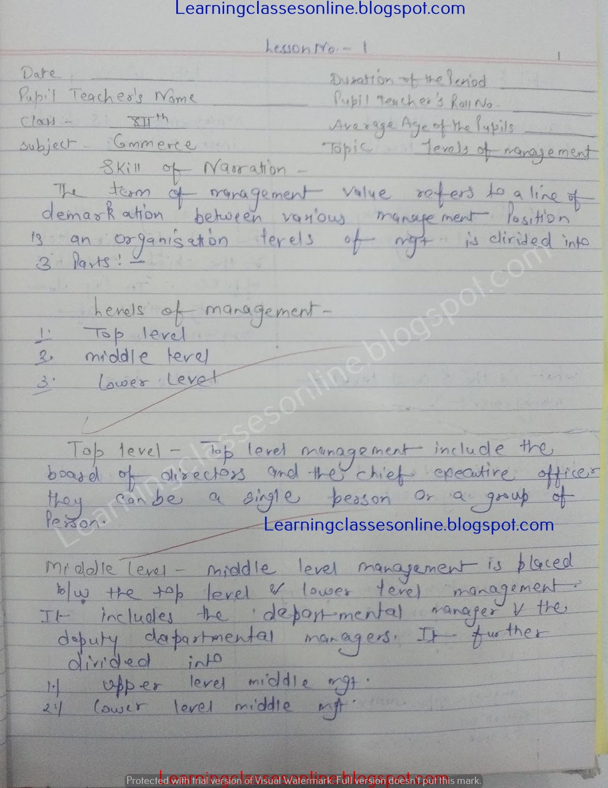 micro teaching lesson plan of commerce on introduction skill and the topic is management B.Ed micro teaching Lesson Plan of commerce and business studies and accounting on levels of management