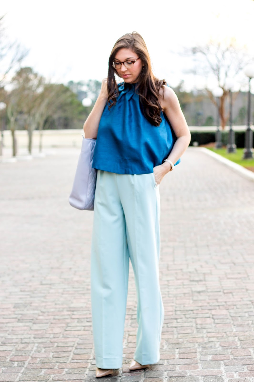 C/Meo Make Way Top Revolve Clothing, ASOS Wide Leg Pants, Mint wide leg pants, wide-leg pants in mint, Fossil tailor multifunction light brown leather watch, Tan leather watch with rose gold, Nude Pointy Toe Pumps, Nude Heels, Cloud Grey Tote, Vera Bradley Tote, Spring Trends, Blue Outfit, Spring Outfit Idea, Create and Cultivate Conference, Raleigh Blogger, NC blogger, fashion blogger, tortoise glasses under $100, stella dot earrings, stella dot jewelry, sophisticated chic outfit, pretty in the pines blog