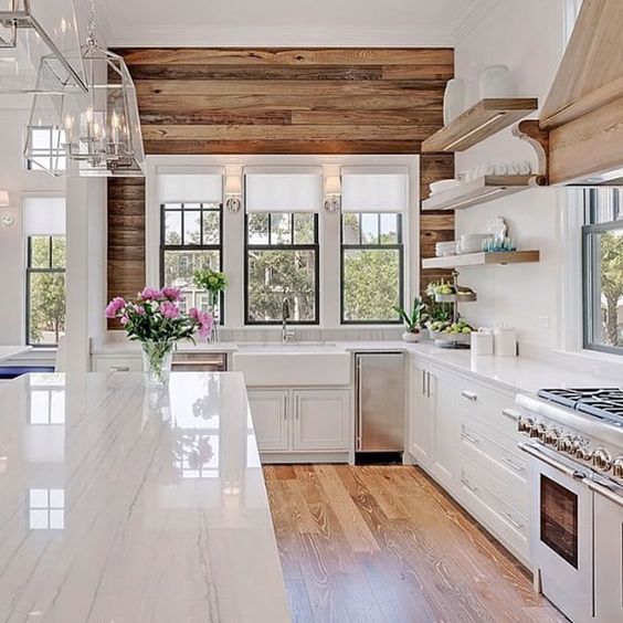 Inspiring and beautiful white modern farmhouse kitchen design via Hello Lovely Studio