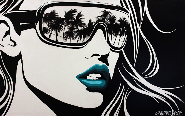 Painting of black and white pop art style portrait of woman wearing sunglasses with reflection of Los Angeles beach scene in lenses, turquoise lips and windswept hair. Painting by Canadian artist Shane Turner.