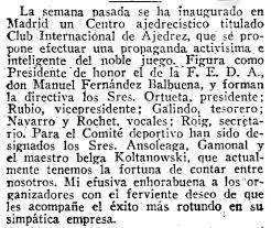 Artículo sobre el Torneo Internacional de Ajedrez del Madrid F.C. 1936 en ABC 3 de junio de 1936