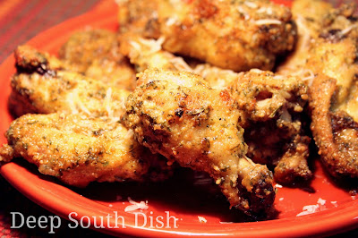 Chicken wings, dipped in a butter and garlic sauce and rolled in seasoned Parmesan cheese.