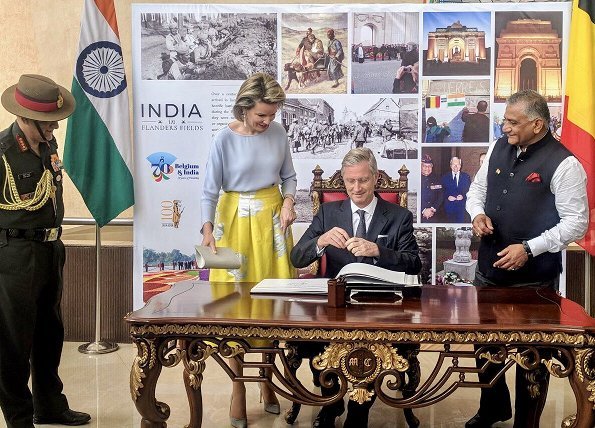 Queen Mathilde wore Natan new collection floral skirt, Natan top, and natan pumps at Indian university's lunch