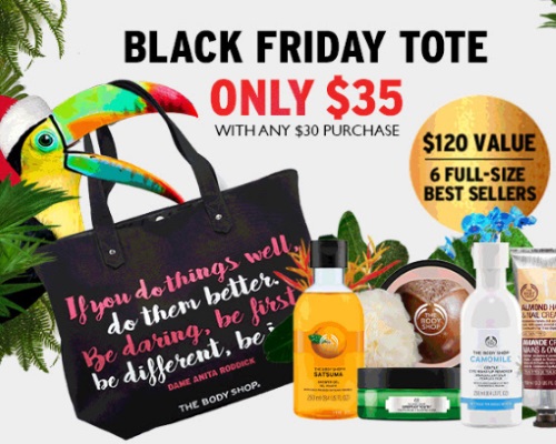 The Body Shop Black Friday Preview Tote $35 With $30 Purchase + 3 for $33 The Body Shop Black Friday Preview Tote $35 With $30 Purchase + 3 for $33