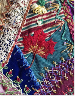 Maple leaf on crazy quilt stocking image © W. Russell, patchworksquare.com Maple leaf on crazy quilt stocking image © W. Russell, patchworksquare.com