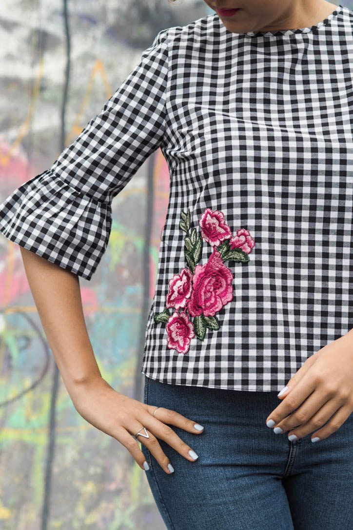 Gingham top with floral applique