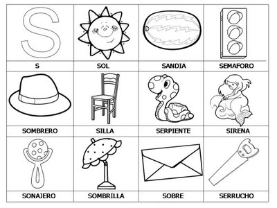 Laminas con dibujos para aprender palabras y colorear con letra: S