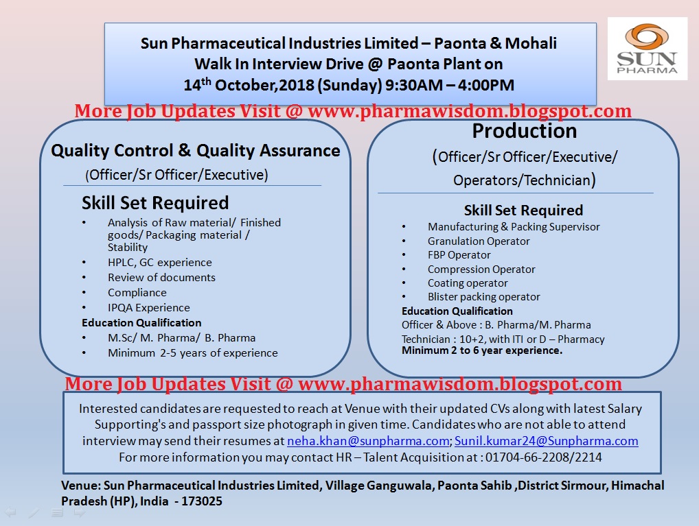 SUN PHARMA Walk In Interview Drive On 14th Oct 2018 At Paonta For Multiple Positions PHARMA