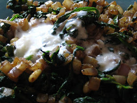 Wilted Spinach with Pine Nuts and Lemon-Yogurt Dressing