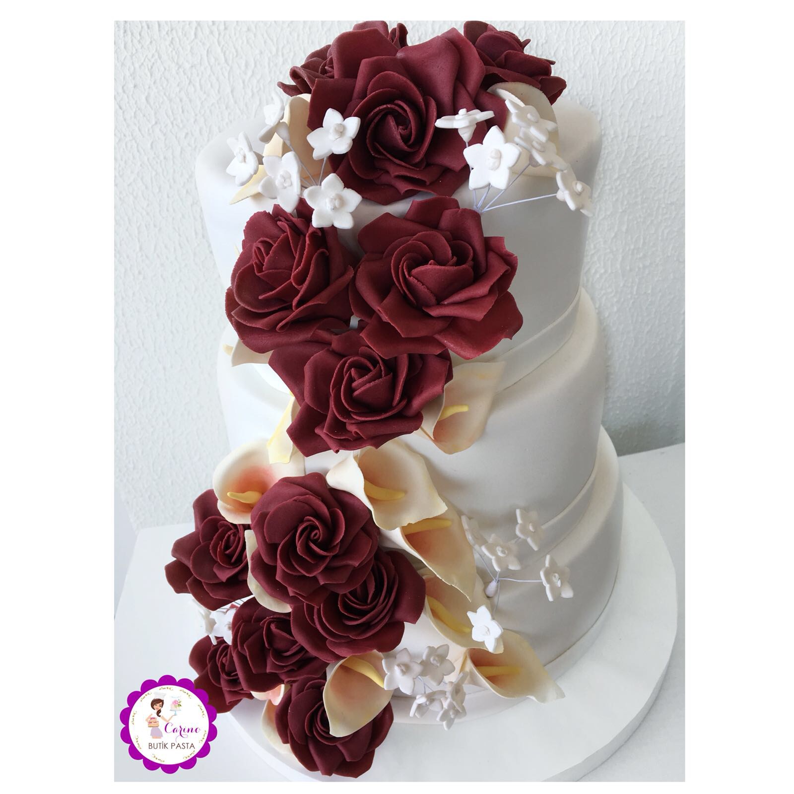 BORDO GÜL DETAYLI 3 KATLI BUTİK NİŞAN PASTASI Antalya Butik Pasta