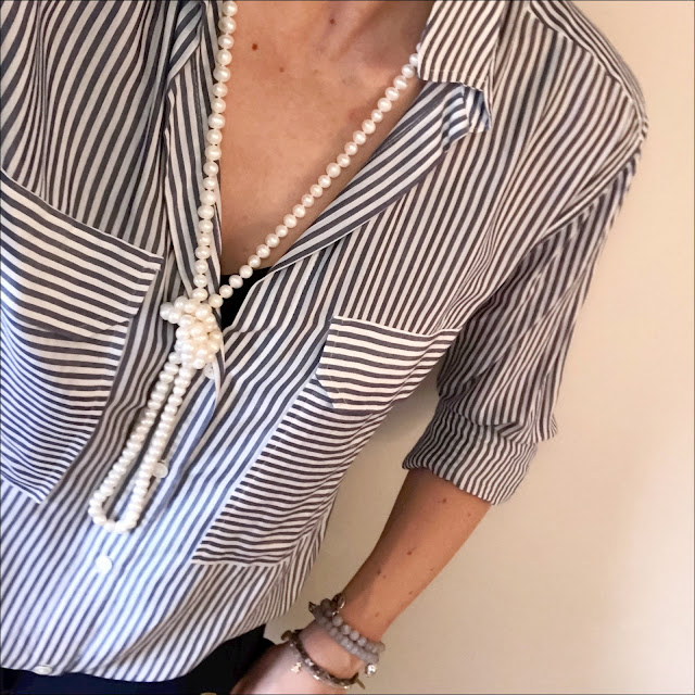 My Midlife fashion, zara striped shirt, single row long length pearls, j crew cropped sailor pants, quilted ballet pumps, ralph lauren military jacket
