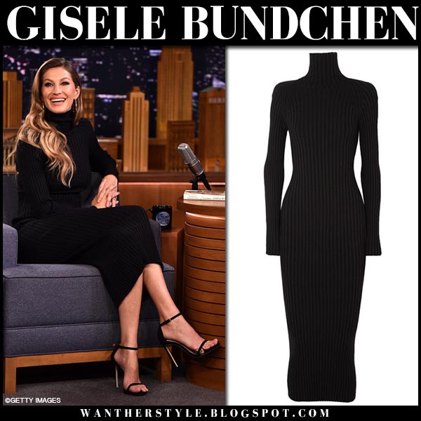 Gisele Bundchen in black high neck midi dress on The Tonight Show I