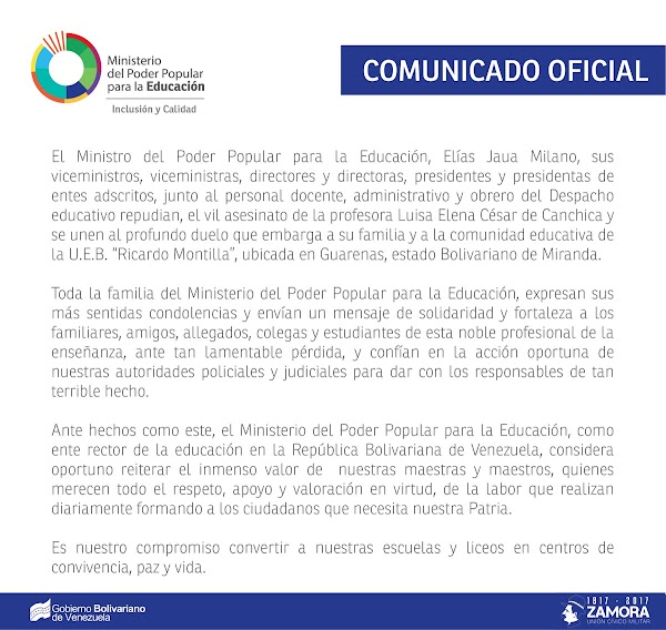 COMUNICADO OFICIAL MPPE EDUCACIÓN repudia asesinato de la profesora Luisa Elena César de Canchica COMUNICADO OFICIAL MPPE EDUCACIÓN repudia asesinato de la profesora Luisa Elena César de Canchica