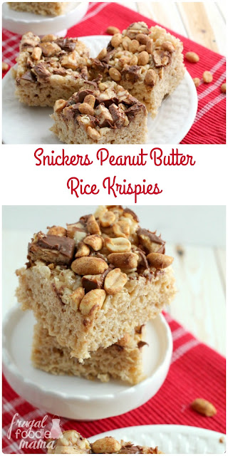 A classic no-bake treats gets jazzed up with the addition of creamy peanut butter, Snickers, & honey roasted peanuts in these Snickers Peanut Butter Rice Krispies Treats.